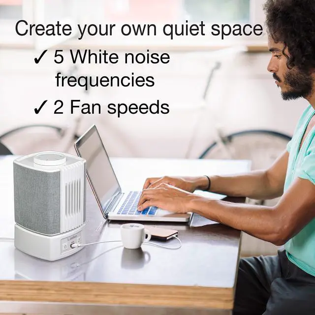 Alt view image 4 of 7 - SlumberBreeze 2-in-1 Small Table Fan and White Noise Machine for Better Sleep in the Bedroom and Focus in the Home Office, SB101, White