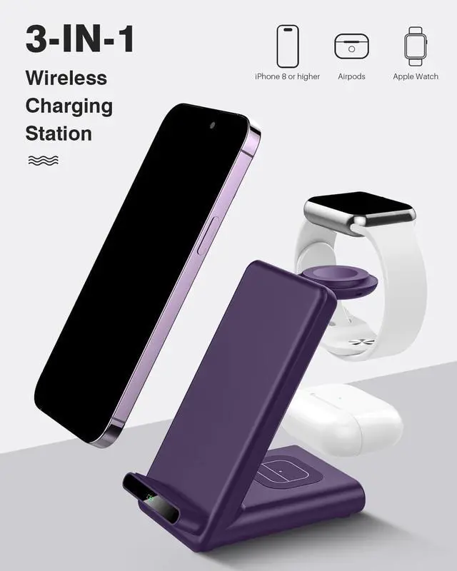 Alt view image 2 of 7 - Wireless Charging Station,3 in 1 Charging Stand Made for Apple Watch Ultra 11 10 9 8 7 6 SE 5 4 3,Fast Wireless Charger Made for iPhone 17/Air/16/15/14/13/12,for AirPods Pro 3(with Adapter) (Purple)