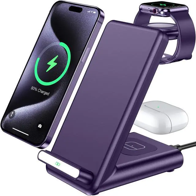 Main image of Wireless Charging Station,3 in 1 Charging Stand Made for Apple Watch Ultra 11 10 9 8 7 6 SE 5 4 3,Fast Wireless Charger Made for iPhone 17/Air/16/15/14/13/12,for AirPods Pro 3(with Adapter) (Purple)