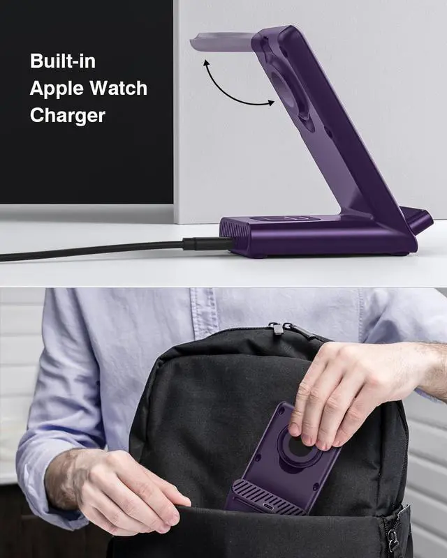 Alt view image 3 of 7 - Wireless Charging Station,3 in 1 Charging Stand Made for Apple Watch Ultra 11 10 9 8 7 6 SE 5 4 3,Fast Wireless Charger Made for iPhone 17/Air/16/15/14/13/12,for AirPods Pro 3(with Adapter) (Purple)