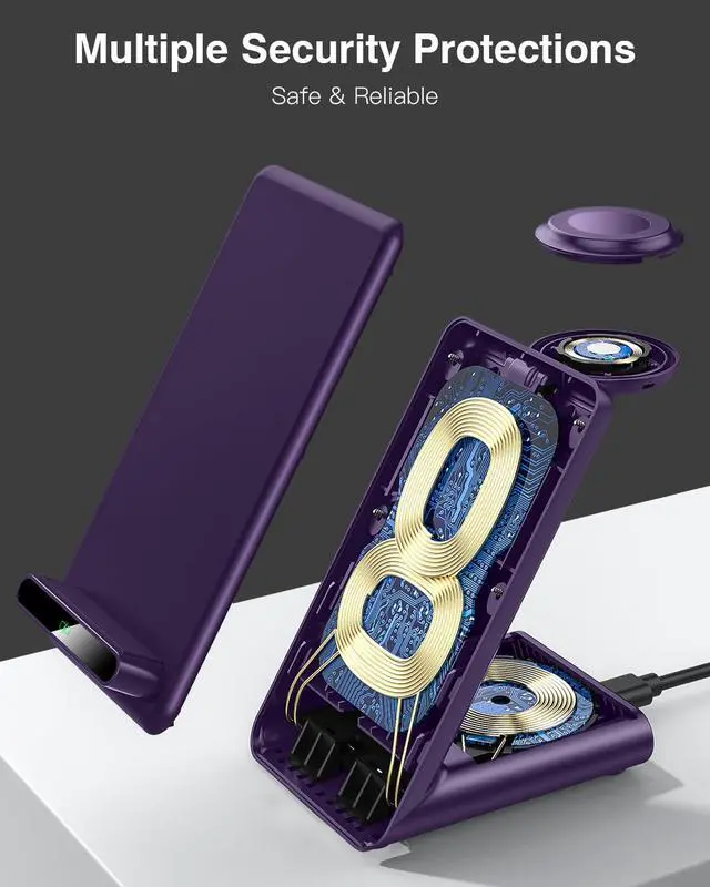 Alt view image 4 of 7 - Wireless Charging Station,3 in 1 Charging Stand Made for Apple Watch Ultra 11 10 9 8 7 6 SE 5 4 3,Fast Wireless Charger Made for iPhone 17/Air/16/15/14/13/12,for AirPods Pro 3(with Adapter) (Purple)