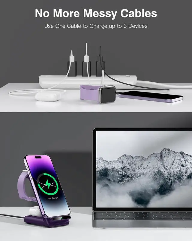 Alt view image 7 of 7 - Wireless Charging Station,3 in 1 Charging Stand Made for Apple Watch Ultra 11 10 9 8 7 6 SE 5 4 3,Fast Wireless Charger Made for iPhone 17/Air/16/15/14/13/12,for AirPods Pro 3(with Adapter) (Purple)