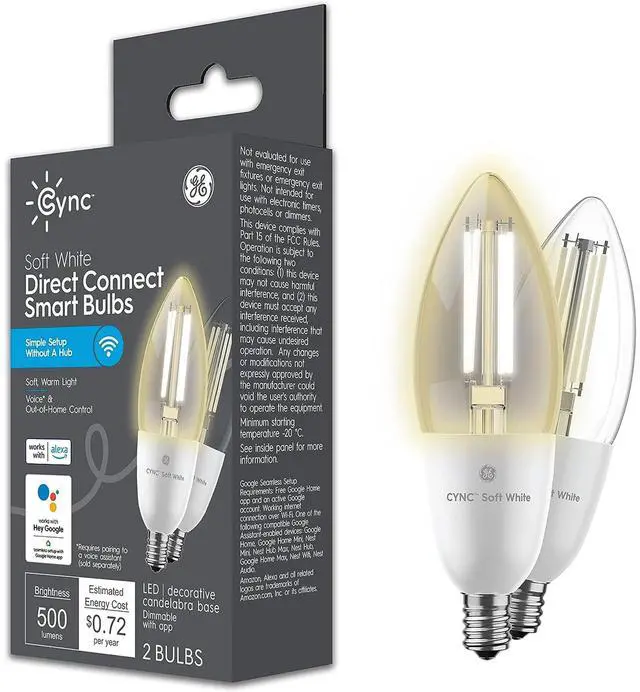 Main image of GE Smart LED Light Bulb, B11 Candle Light Bulb, Works with Amazon Alexa and Google Home, WiFi Light, 60W Equivalent, Soft White, Small Base (Pack of 2)