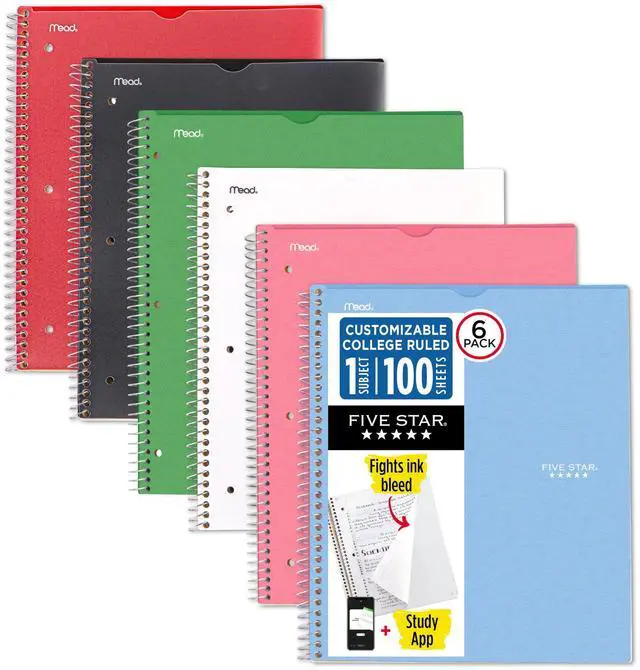 Main image of Spiral Notebook + Study App, 6 Pack, 1 Subject, College Ruled, 8-1/2" x 11", 100 Sheets, Fights Ink Bleed, Customizable Water Resistant Cover, Assorted Colors (820045-ECM)