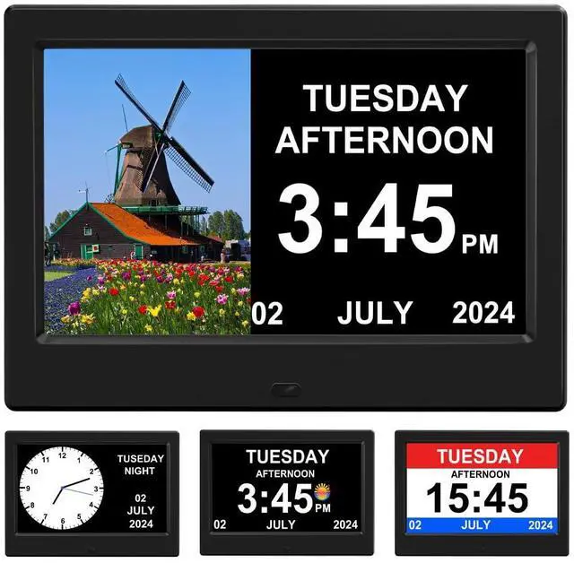 Main image of (No Power Adapter Alarm Clock with Day and Date for Elderly 7inch Digital Calendar Clock Photo Frame- Auto Dimmable Display 15 Alarm Options, Clock with Non-Abbreviated Day & Month