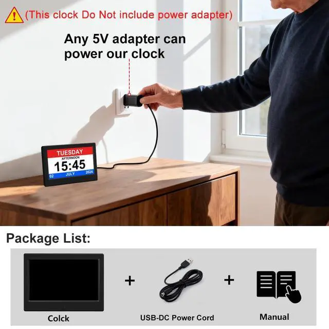 Alt view image 2 of 7 - (No Power Adapter Alarm Clock with Day and Date for Elderly 7inch Digital Calendar Clock Photo Frame- Auto Dimmable Display 15 Alarm Options, Clock with Non-Abbreviated Day & Month