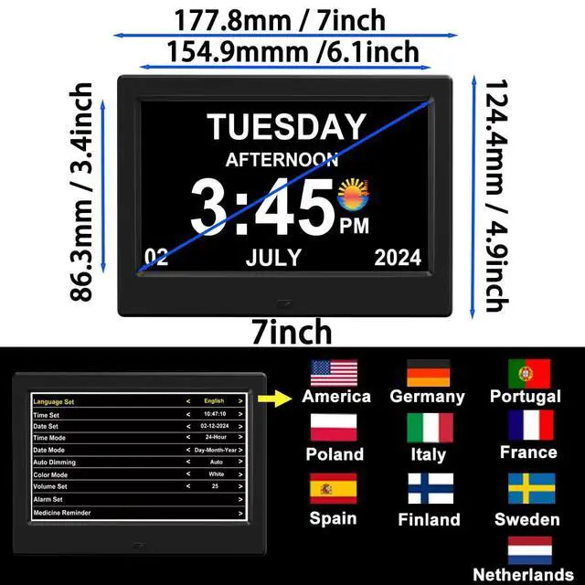 Alt view image 3 of 7 - (No Power Adapter Alarm Clock with Day and Date for Elderly 7inch Digital Calendar Clock Photo Frame- Auto Dimmable Display 15 Alarm Options, Clock with Non-Abbreviated Day & Month