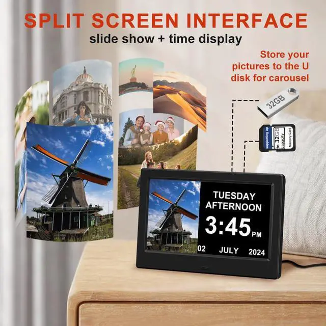 Alt view image 4 of 7 - (No Power Adapter Alarm Clock with Day and Date for Elderly 7inch Digital Calendar Clock Photo Frame- Auto Dimmable Display 15 Alarm Options, Clock with Non-Abbreviated Day & Month