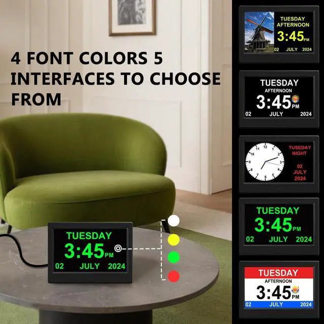 Alt view image 5 of 7 - (No Power Adapter Alarm Clock with Day and Date for Elderly 7inch Digital Calendar Clock Photo Frame- Auto Dimmable Display 15 Alarm Options, Clock with Non-Abbreviated Day & Month
