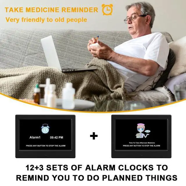 Alt view image 6 of 7 - (No Power Adapter Alarm Clock with Day and Date for Elderly 7inch Digital Calendar Clock Photo Frame- Auto Dimmable Display 15 Alarm Options, Clock with Non-Abbreviated Day & Month
