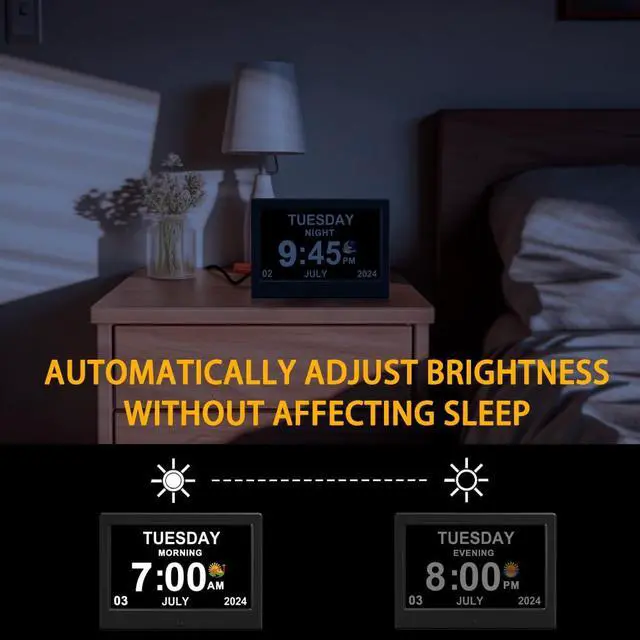 Alt view image 7 of 7 - (No Power Adapter Alarm Clock with Day and Date for Elderly 7inch Digital Calendar Clock Photo Frame- Auto Dimmable Display 15 Alarm Options, Clock with Non-Abbreviated Day & Month
