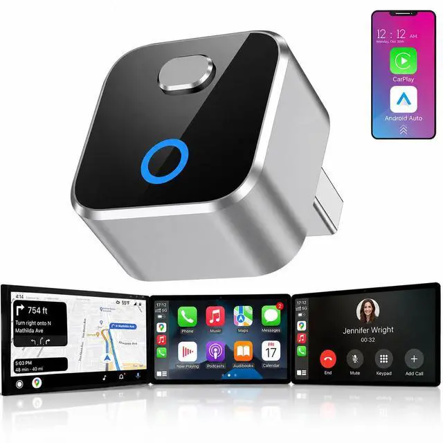 Main image of Wireless CarPlay Adapter for iPhone, 2-in-1 USB Carplay Wireless Adapter for CarPlay& Android Auto Wireless Adapter, One-Click Switch User, Supports Map,Music,Spotify,etc Functional(Silver)
