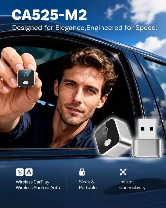 Alt view image 2 of 7 - Wireless CarPlay Adapter for iPhone, 2-in-1 USB Carplay Wireless Adapter for CarPlay& Android Auto Wireless Adapter, One-Click Switch User, Supports Map,Music,Spotify,etc Functional(Silver)