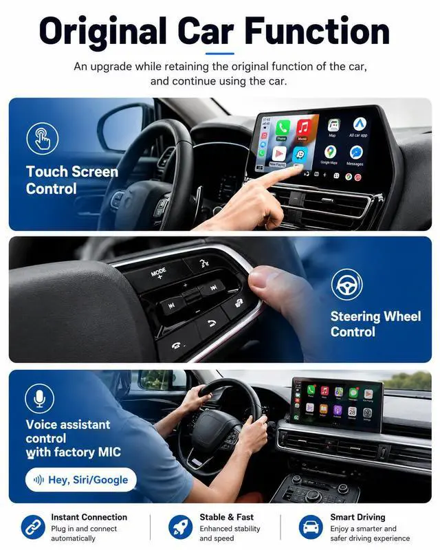Alt view image 5 of 7 - Wireless CarPlay Adapter for iPhone, 2-in-1 USB Carplay Wireless Adapter for CarPlay& Android Auto Wireless Adapter, One-Click Switch User, Supports Map,Music,Spotify,etc Functional(Silver)