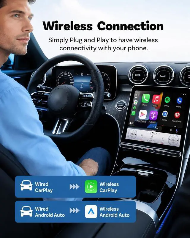 Alt view image 4 of 7 - Wireless CarPlay Adapter for iPhone, 2-in-1 USB Carplay Wireless Adapter for CarPlay& Android Auto Wireless Adapter, One-Click Switch User, Supports Map,Music,Spotify,etc Functional(Silver)