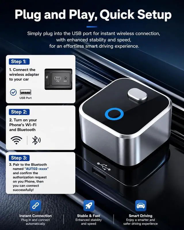 Alt view image 6 of 7 - Wireless CarPlay Adapter for iPhone, 2-in-1 USB Carplay Wireless Adapter for CarPlay& Android Auto Wireless Adapter, One-Click Switch User, Supports Map,Music,Spotify,etc Functional(Silver)