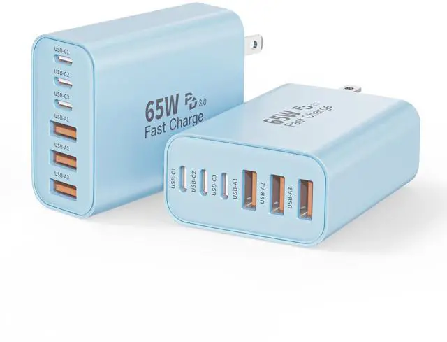 Main image of 2Pack 65W USB C Charger Block,6-Port USB C Wall Charger Fast Charging,PD Type C Plug Adapter+QC Plug Compatible with Apple iPhone 17 17Air 16E 16Pro Max 16 15 14 13 12 11 XS Max,iPad Pro,AirPods,Blue.