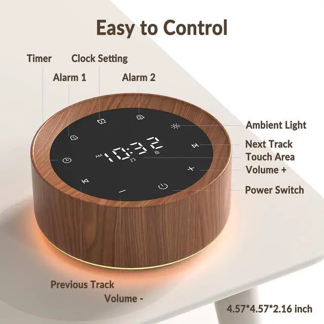 Alt view image 2 of 7 - White Noise Machine with Alarm Clock & Night Light for Babies and Adults, 20 Soothing Sounds, Glare-Free Upward Display, Touch Control, Memory Function, 5 Sleep Timers, Wood Grain