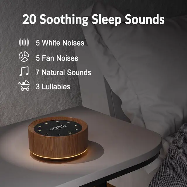 Alt view image 4 of 7 - White Noise Machine with Alarm Clock & Night Light for Babies and Adults, 20 Soothing Sounds, Glare-Free Upward Display, Touch Control, Memory Function, 5 Sleep Timers, Wood Grain