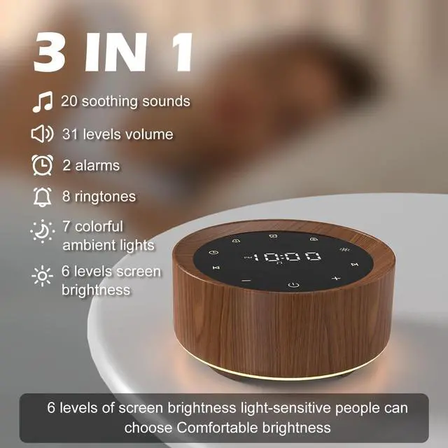 Alt view image 3 of 7 - White Noise Machine with Alarm Clock & Night Light for Babies and Adults, 20 Soothing Sounds, Glare-Free Upward Display, Touch Control, Memory Function, 5 Sleep Timers, Wood Grain