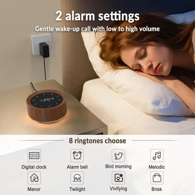Alt view image 6 of 7 - White Noise Machine with Alarm Clock & Night Light for Babies and Adults, 20 Soothing Sounds, Glare-Free Upward Display, Touch Control, Memory Function, 5 Sleep Timers, Wood Grain