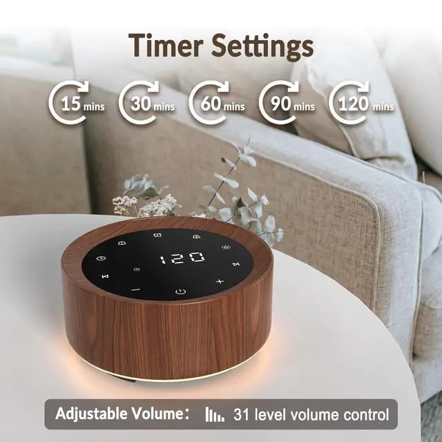 Alt view image 7 of 7 - White Noise Machine with Alarm Clock & Night Light for Babies and Adults, 20 Soothing Sounds, Glare-Free Upward Display, Touch Control, Memory Function, 5 Sleep Timers, Wood Grain