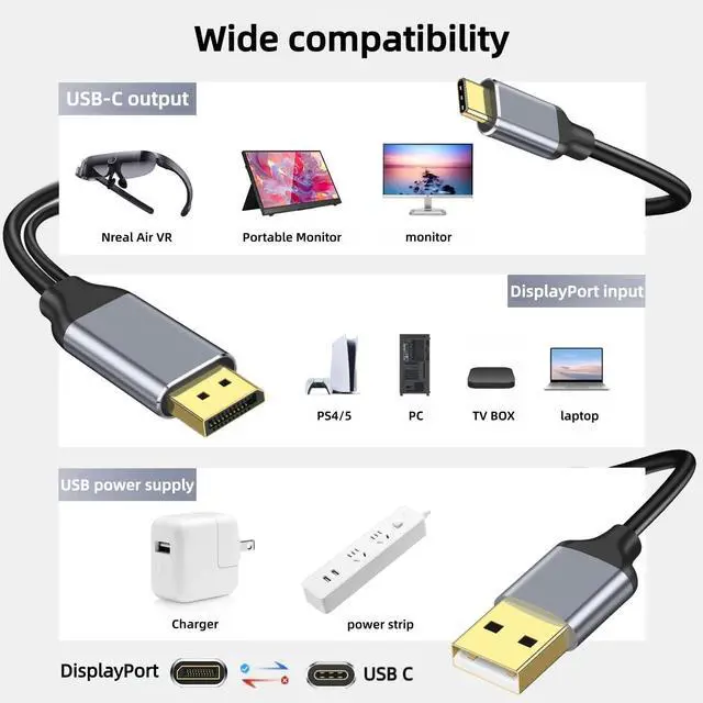Alt view image 2 of 7 - DisplayPort to USB C Cable 6FT 4K@60Hz with USB Cable Adapter,DP Male to Type-C Male Converter Support Touch with Nre a-l Air VR, MacB00k Pro/Air 2020/2018,XPS, Pad Pro/Air