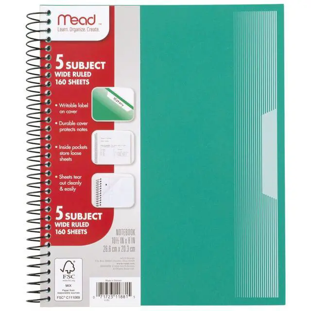 Alt view image 7 of 7 - Spiral Notebook, 5 Pack, 5 Subject, Wide Ruled Paper, Plastic Cover, 8" x 10-1/2", 160 Sheets per Notebook, Black, Red, Blue, Green and Yellow (930101A-ECM)