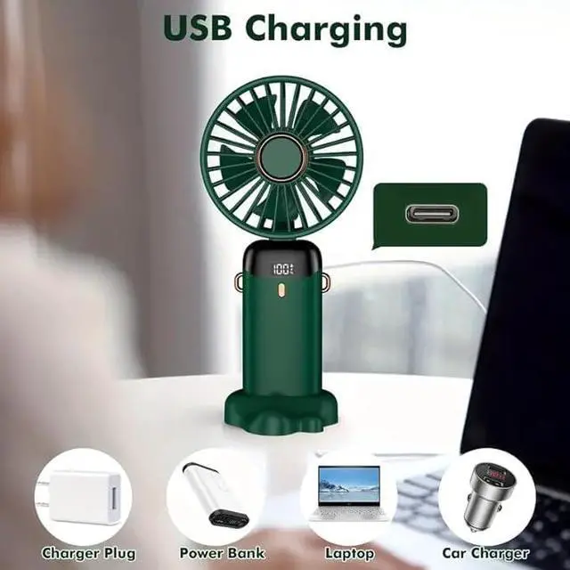 Alt view image 7 of 7 - Portable Handheld Fan Battery Operated with Base, 8 Hours, Digital Display, 5 Speeds, 90° Ajustable, Rechargeable Mini Fan for Outdoor Indoor