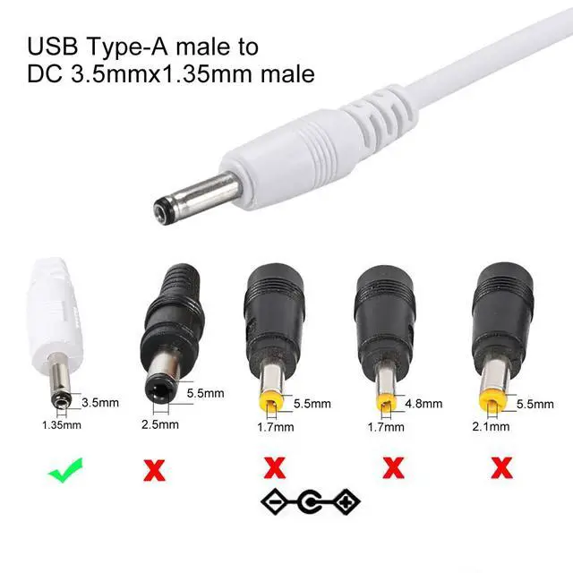 Alt view image 4 of 6 - USB Type-A Male to 3.5 x 1.35mm DC 5V 1A Plug Barrel Connector Charge Cable for USB Fans Desk Lamps Mini Charging Speakers Electronic Devices, White