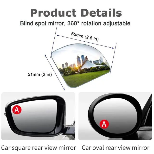 Alt view image 3 of 7 - Glass Wide Angle Blind Spot Mirror, Frameless 360 Adjustable Convex Rear View Mirror for Cars, Trucks and SUVs - 2" Fan Shaped, 2pcs