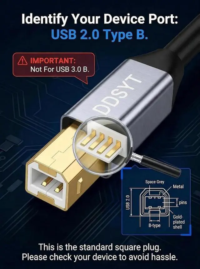 Alt view image 5 of 7 - USB 2.0 Printer Cable Gold Plated Type B Cord for PC Mac Scanner Digital Piano 6FT Black