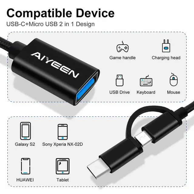 Alt view image 2 of 7 - USB-C/Micro to USB Adapter, 2-in-1 USB 3.0, OTG Adapter Cable, Compatible with MacBook Pro, Android, Google, Samsung, and More, Black
