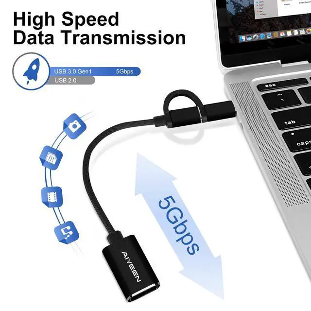 Alt view image 4 of 7 - USB-C/Micro to USB Adapter, 2-in-1 USB 3.0, OTG Adapter Cable, Compatible with MacBook Pro, Android, Google, Samsung, and More, Black