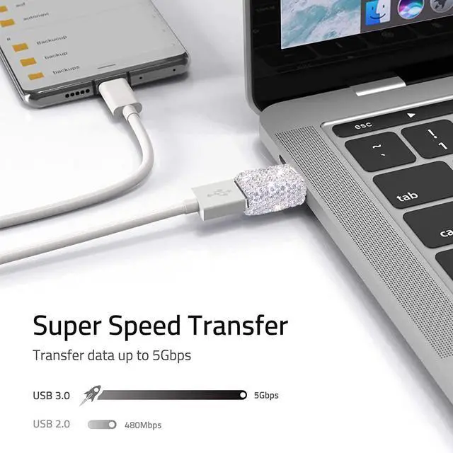 Alt view image 4 of 5 - USB C Male to USB 3.0 Female Adapter 2Pack Type C to USB A 3.0 OTG Adapter Bling Bling Rhinestone Diamond Decors,Compatible for Devices has USB C