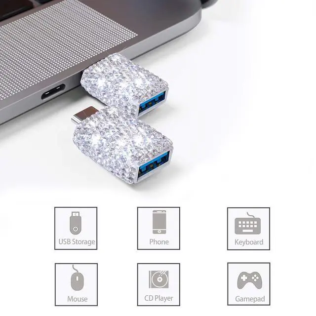Alt view image 5 of 5 - USB C Male to USB 3.0 Female Adapter 2Pack Type C to USB A 3.0 OTG Adapter Bling Bling Rhinestone Diamond Decors,Compatible for Devices has USB C