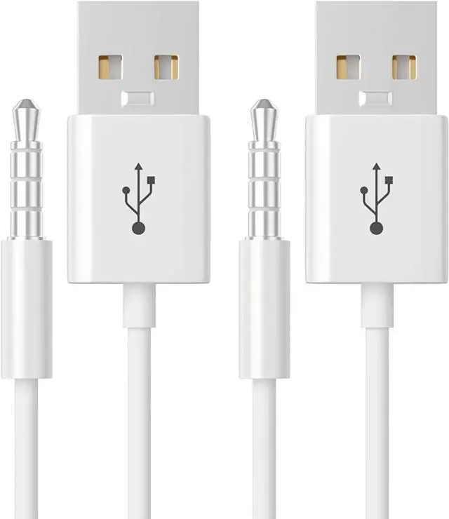 Main image of iPod Shuffle Charger Cable, 3.5mm Audio Jack to USB Sync & Charge Lead (2 Pack) - Compatible with iPod Shuffle 3/4/5/6/7 Gen, MP3 Player - White