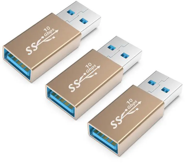 Main image of 3Pack USB Coupler Male to Female USB 3.0 Type A Adapter Superspeed 10Gbps USB Port Extension Connector Bridge Compatible with Laptop Computer Hard Drive Printer Camera, Gold