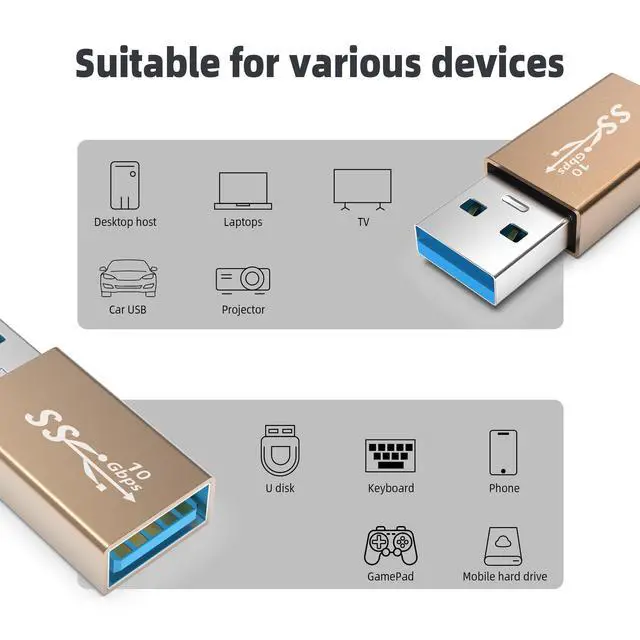 Alt view image 4 of 6 - 3Pack USB Coupler Male to Female USB 3.0 Type A Adapter Superspeed 10Gbps USB Port Extension Connector Bridge Compatible with Laptop Computer Hard Drive Printer Camera, Gold