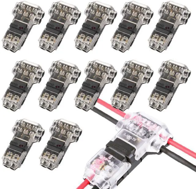 Main image of 2 Pin 3 Way Low Voltage Wire Quick Connectors, T Type 2 Pins Wire Splice Connectors, Solderless No Stripping Wire Splice, Emergency Repair Home Automotive LED Strip Wiring, Fits 24-20 AWG, 12 Pack