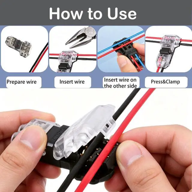 Alt view image 2 of 6 - 2 Pin 3 Way Low Voltage Wire Quick Connectors, T Type 2 Pins Wire Splice Connectors, Solderless No Stripping Wire Splice, Emergency Repair Home Automotive LED Strip Wiring, Fits 24-20 AWG, 12 Pack