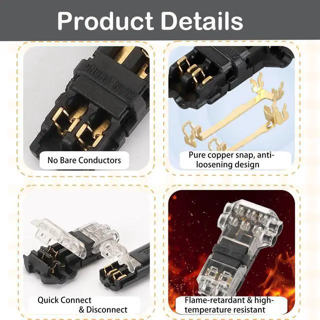 Alt view image 3 of 6 - 2 Pin 3 Way Low Voltage Wire Quick Connectors, T Type 2 Pins Wire Splice Connectors, Solderless No Stripping Wire Splice, Emergency Repair Home Automotive LED Strip Wiring, Fits 24-20 AWG, 12 Pack