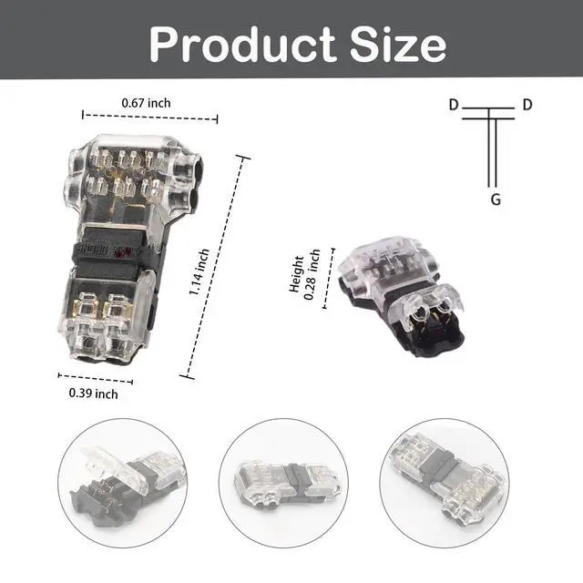 Alt view image 4 of 6 - 2 Pin 3 Way Low Voltage Wire Quick Connectors, T Type 2 Pins Wire Splice Connectors, Solderless No Stripping Wire Splice, Emergency Repair Home Automotive LED Strip Wiring, Fits 24-20 AWG, 12 Pack