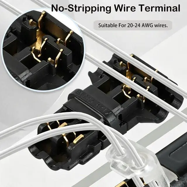 Alt view image 5 of 6 - 2 Pin 3 Way Low Voltage Wire Quick Connectors, T Type 2 Pins Wire Splice Connectors, Solderless No Stripping Wire Splice, Emergency Repair Home Automotive LED Strip Wiring, Fits 24-20 AWG, 12 Pack