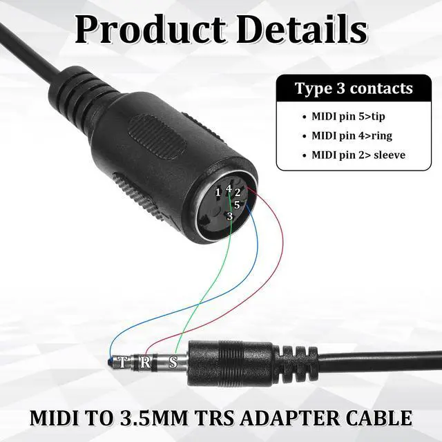 Alt view image 3 of 7 - 2 Pack of Type-A MIDI to 3.5mm Adapter, 9.5" MIDI Female to TRS 3.5mm Male Breakout Cable Audio Converter BMIDI-5-35 Type A TRS Male 5-pin DIN Cable Ultra-Small Plugs for Keyboards Synths DAWs
