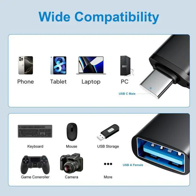 Alt view image 4 of 7 - USB C to USB A Adapter 6 Pack, Type C Male to USB A Female 3.0 Adaptor, OTG Adapters for iPhone 16 15, MacBook Pro, iPad, Samsung Galaxy, Black