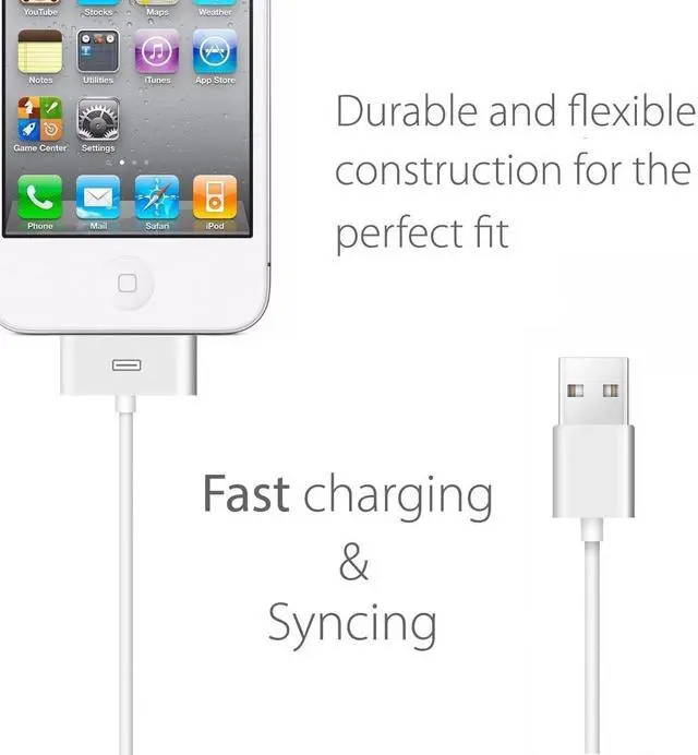 Alt view image 2 of 5 - USB to 30-Pin Charging Cable, Apple MFi Certified 30-Pin Sync and Charge Cable Cord Compatible with iPhone 4/4S/3G/3GS, iPad 1/2/3, iPod Classic/Nano/Touch - Charging & Sync Data (3 Feet)