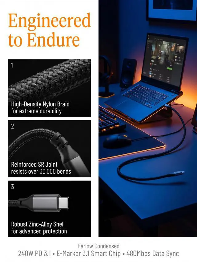 Alt view image 6 of 7 - 240W USB C to USB C Cable, 2-Pack 3.3ft, Nylon