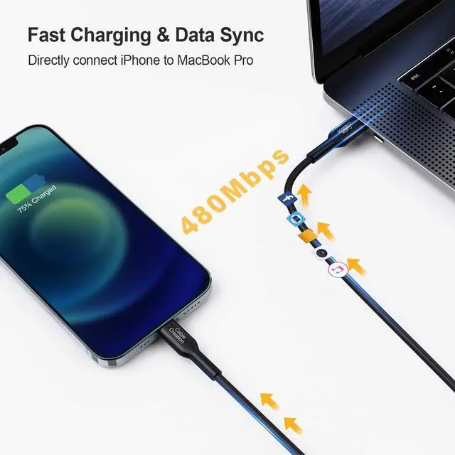 Alt view image 5 of 7 - iPhone Charger Cable 6FT/1.8m, MFi Certified Apple USB C to Lightning Cable, PD Fast Charging, Type C Charging Cord for iPhone14, 13, 12, 11. X, XS, 8, AirPods Pro, Black.