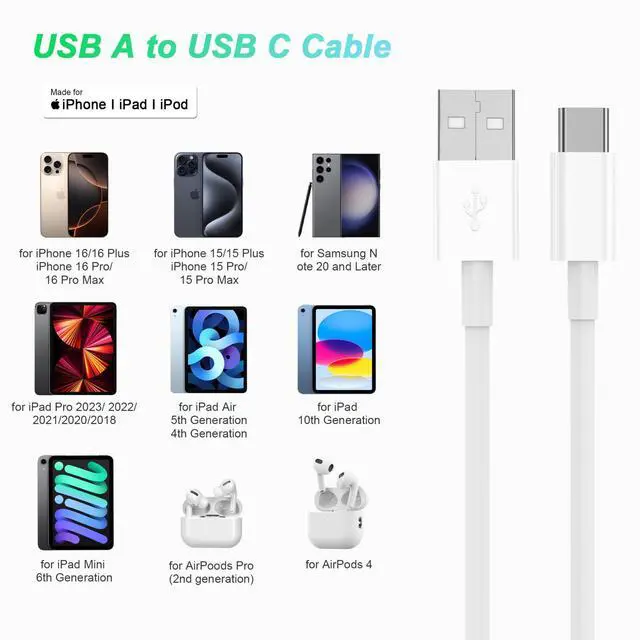 Alt view image 7 of 7 - Fast Charging USB A to USB C Cable 10FT 2Pack for iPhone 15/16/17 Charger Cord, Car Carplay Compatible for Apple 17 Pro Max/16 Plus/for IPad Pro 12.9/11/Air 5th/4th Mini Gen, Long Type C Charge